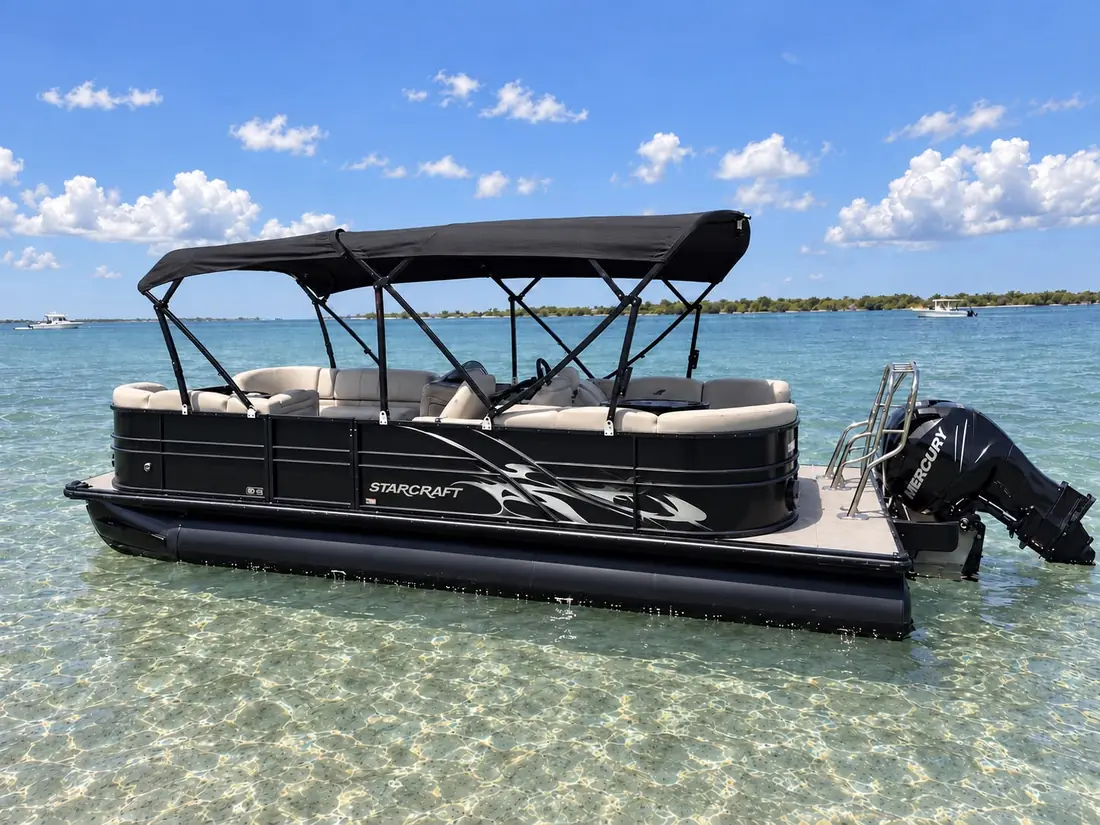 Starcraft pontoon side profile with the 200 HP Mercury engine