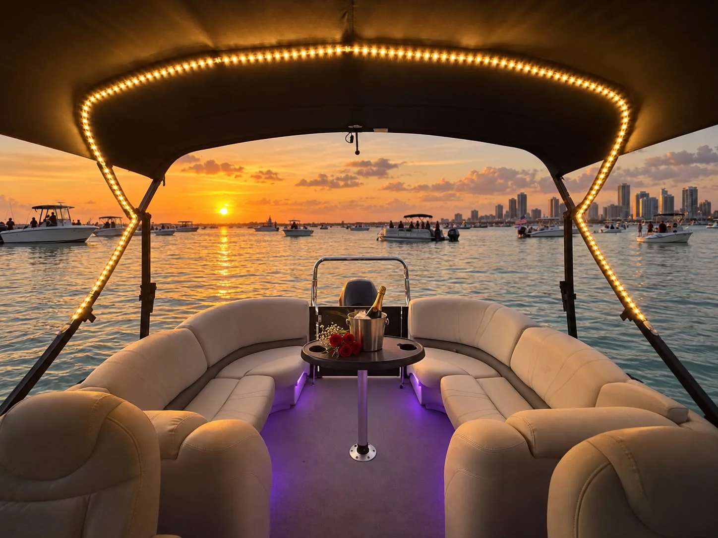 The pontoon at sunset with its canopy lights on, a table set with champagne and roses, and the Miami skyline across the water